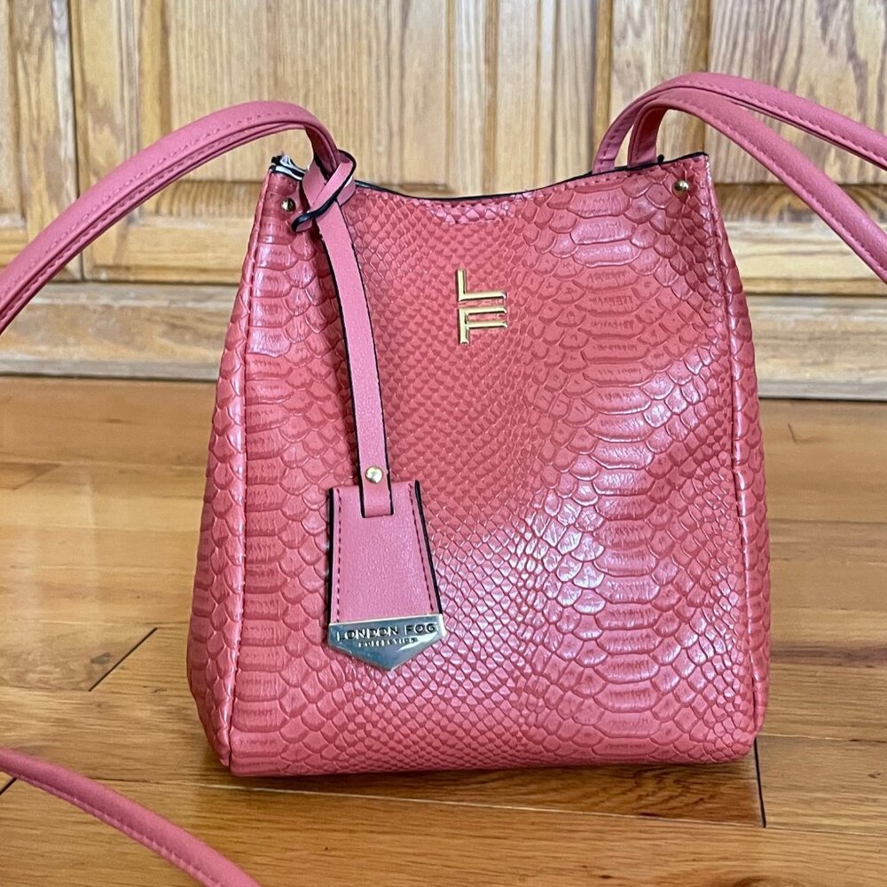 London Fog Crossbody Bag Square Bucket Vegan Leather Salmon Coral, Gift Idea